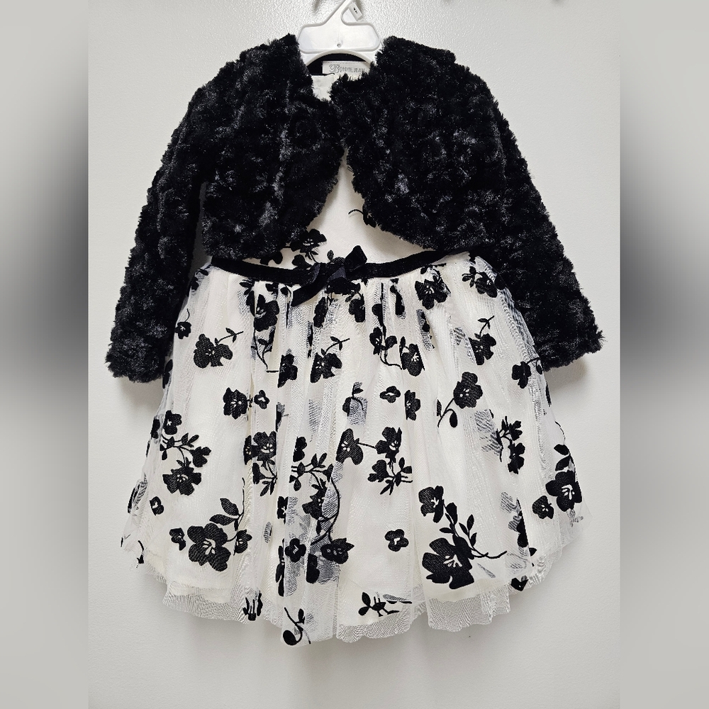 Bonnie Jean Black and White Dress with Floral Design And Faux Fur Jacket